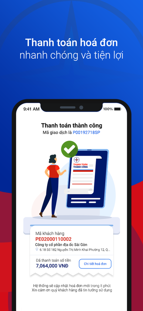 Ein mobiler App-Bildschirm von EVNHCMC, der eine erfolgreiche Zahlungsbestätigung für die Stromrechnung mit einer Transaktions-ID und einem Gesamtbetrag in VND anzeigt.
