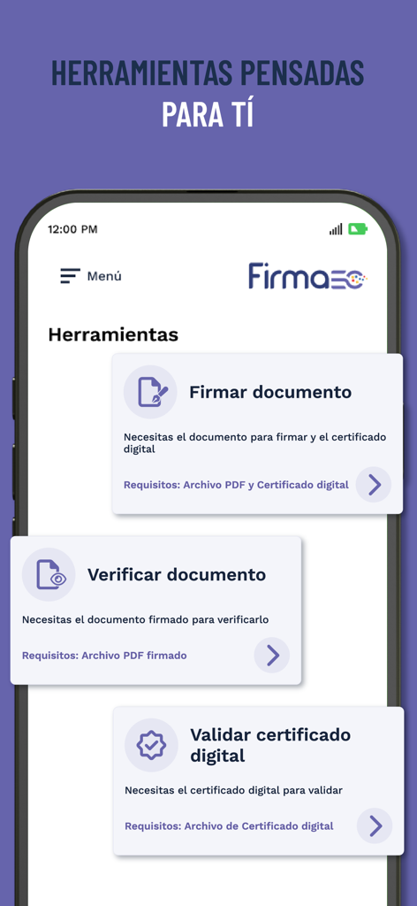 FirmaEC móvil - Pantalla de la aplicación FirmaEC movil con herramientas para firma digital y verificación de documentos