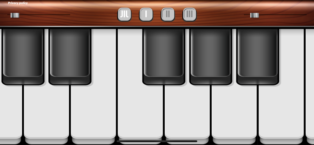 Virtual Piano Simulator! - Interface of the Virtual Piano Simulator app showing a close up of piano keys and a wooden control panel