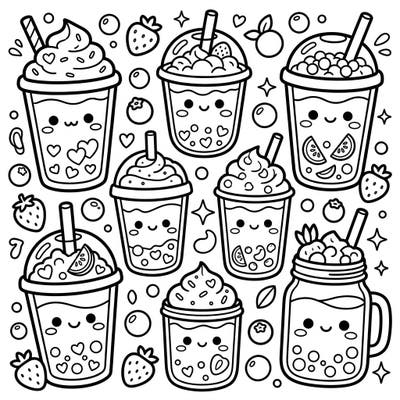Get ready for a super cute coloring adventure with these adorable Kawaii yogurt smoothies! Each cup is bursting with personality, waiting for your creative touch.