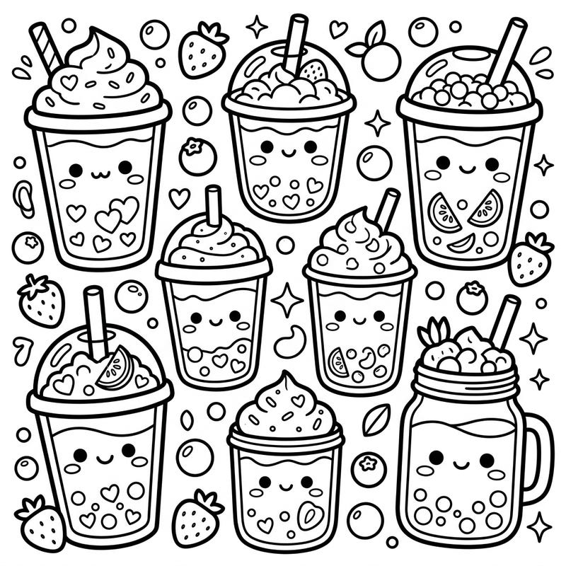 Get ready for a super cute coloring adventure with these adorable Kawaii yogurt smoothies! Each cup is bursting with personality, waiting for your creative touch.