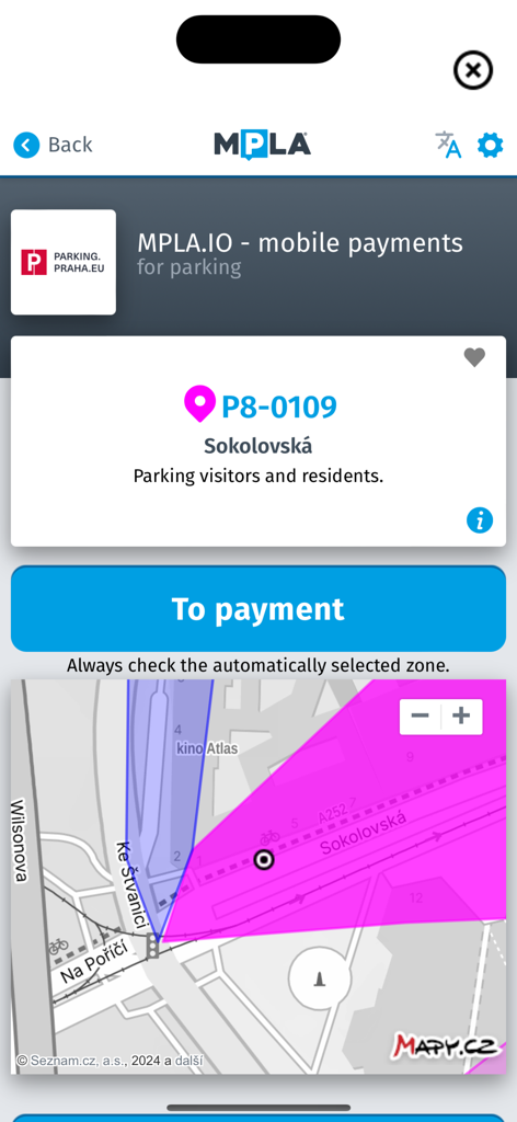 Park Prague - Interfaccia dell'app Park Prague che mostra una mappa di zone di parcheggio colorate e un pulsante per procedere al pagamento tramite il portale MPLA