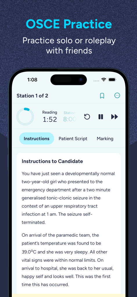 eMedici Medical Education - eMediciアプリの候補者向け指示付きOSCE練習ステーション。