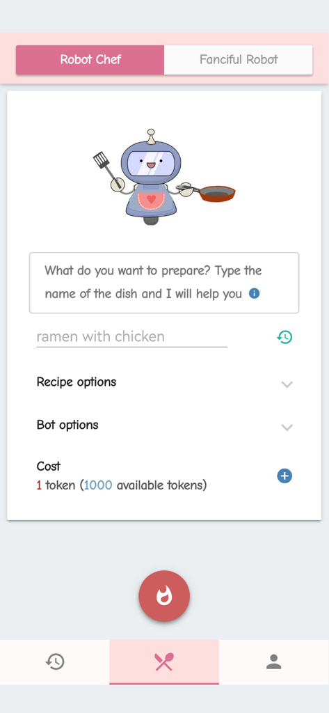 Robot Chef - Quick recipes - Interfaz de la aplicación móvil Robot Chef con un lindo personaje robot y un cuadro de indicaciones de IA para escribir el nombre de un plato para una receta.