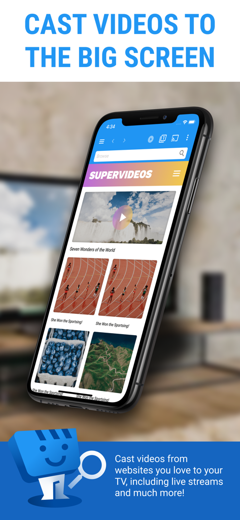 Web Video Cast App-Oberfläche auf einem iPhone, die Optionen zum Streamen von Webvideos auf einen Fernseher anzeigt.
