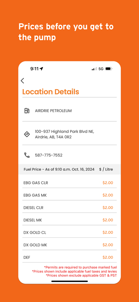 UFA app screenshot showing fuel prices and station location details
