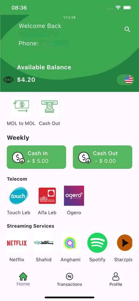 MOL-Pay - MOL-Pay mobile app home screen showing account balance and payment options for Lebanese telecom and streaming services