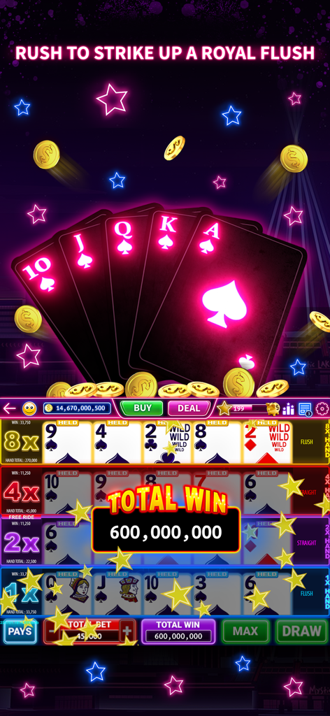 Una captura de pantalla de la aplicación Mystic Slots que muestra un juego de video póker con una escalera real y una pantalla de gran ganancia de monedas