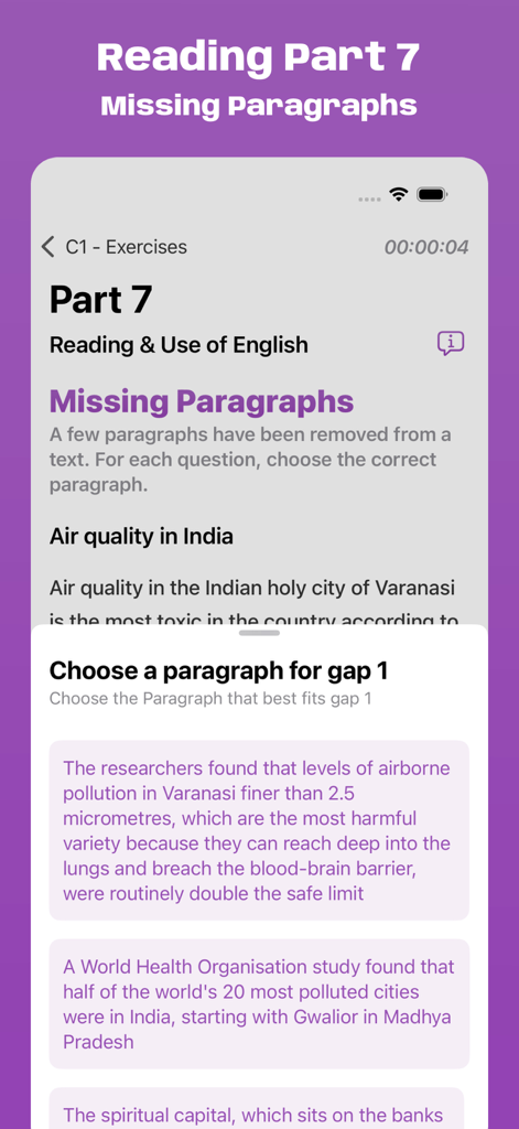 Schermata del Simulatore Esame Cambridge C1 che mostra un esercizio di paragrafi mancanti nella Parte 7 di Reading.