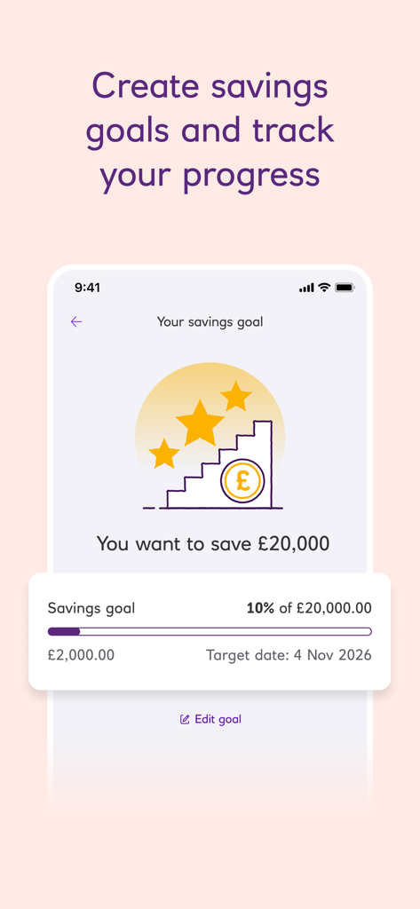 A smartphone screen showing the NatWest app's savings goal feature with a progress bar and 20000 pound target.