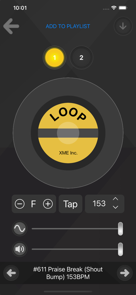 XME LOOPS playback interface showing music loop controls for tempo and key adjustment
