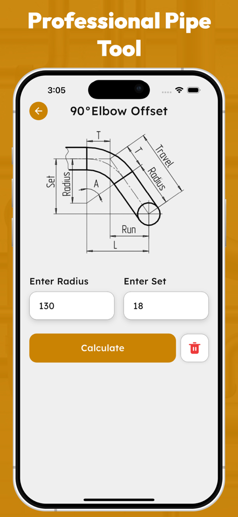 Interface of the Offset Pipe Calculator app showing a 90 degree elbow offset diagram with radius and set input fields