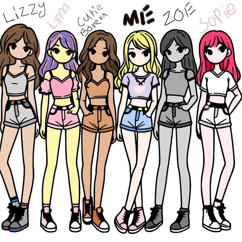 a group of girls wearing crop tops and shorts