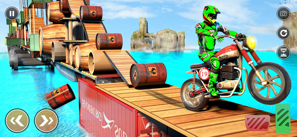 Real Stunt- Racing Bike Games - A motocross rider in green gear performing stunts on a motorcycle across shipping containers and wooden ramps over water.