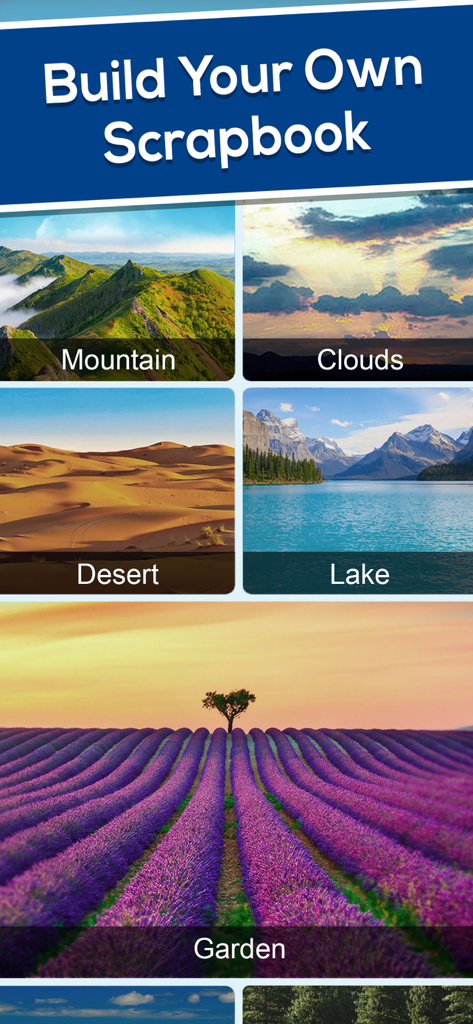 Crossword Jam: Fun Word Search - A menu in the Crossword Jam app titled Build Your Own Scrapbook showing various nature photos including mountains, clouds, deserts, lakes, and lavender gardens.