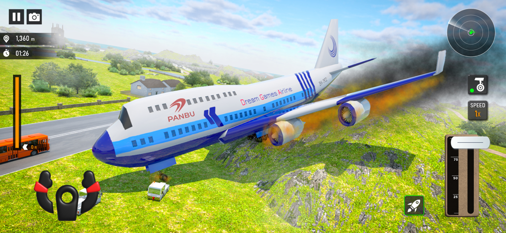 Flight Pilot Airplane Games 23 - Commercial airplane with a burning engine landing on a hill in a flight simulation game