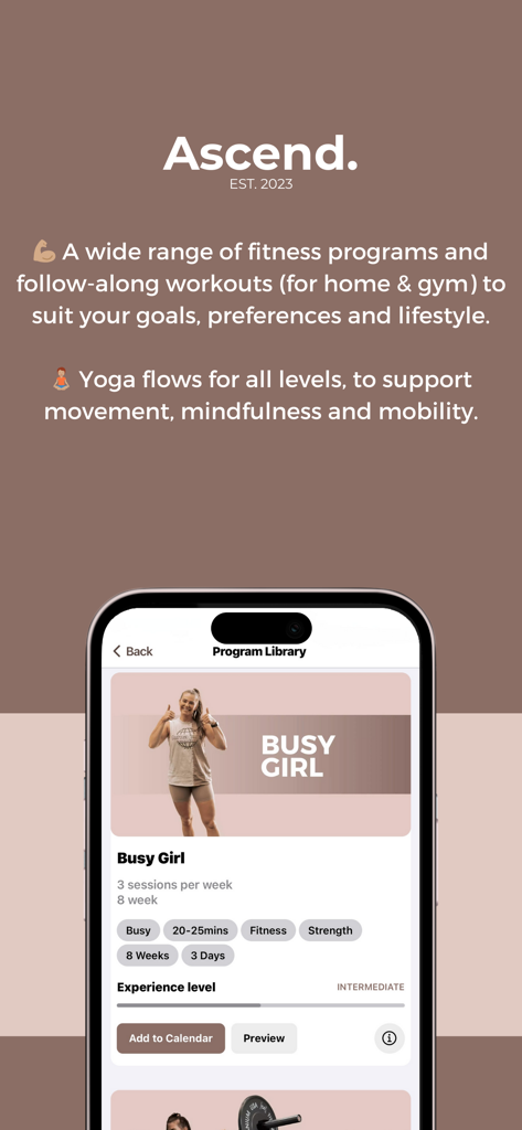 Ascend Wellness App - Ascend Wellness app screen displaying fitness programs and the Busy Girl workout plan