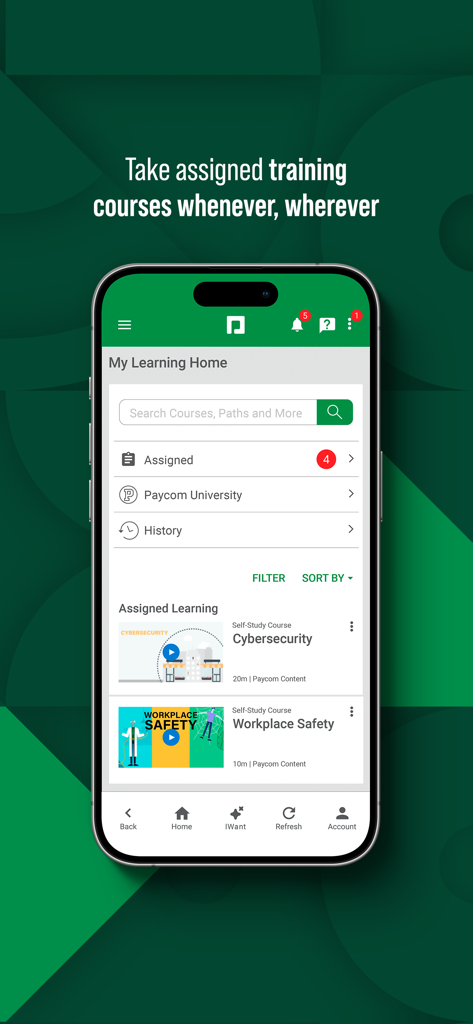 Paycom - Paycom app interface showing assigned employee training modules and learning home screen