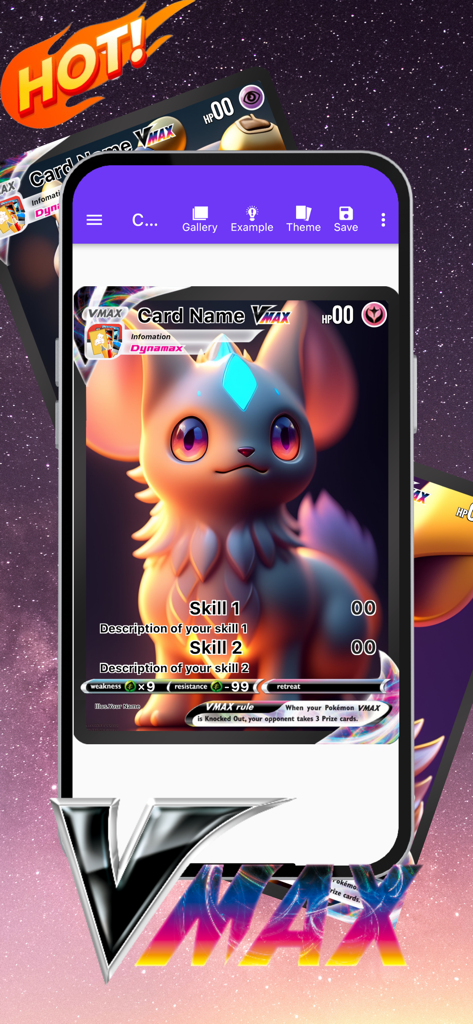 A smartphone showing the Card Maker Creator for Pokemon app interface with a custom VMAX card design featuring a cute fox creature