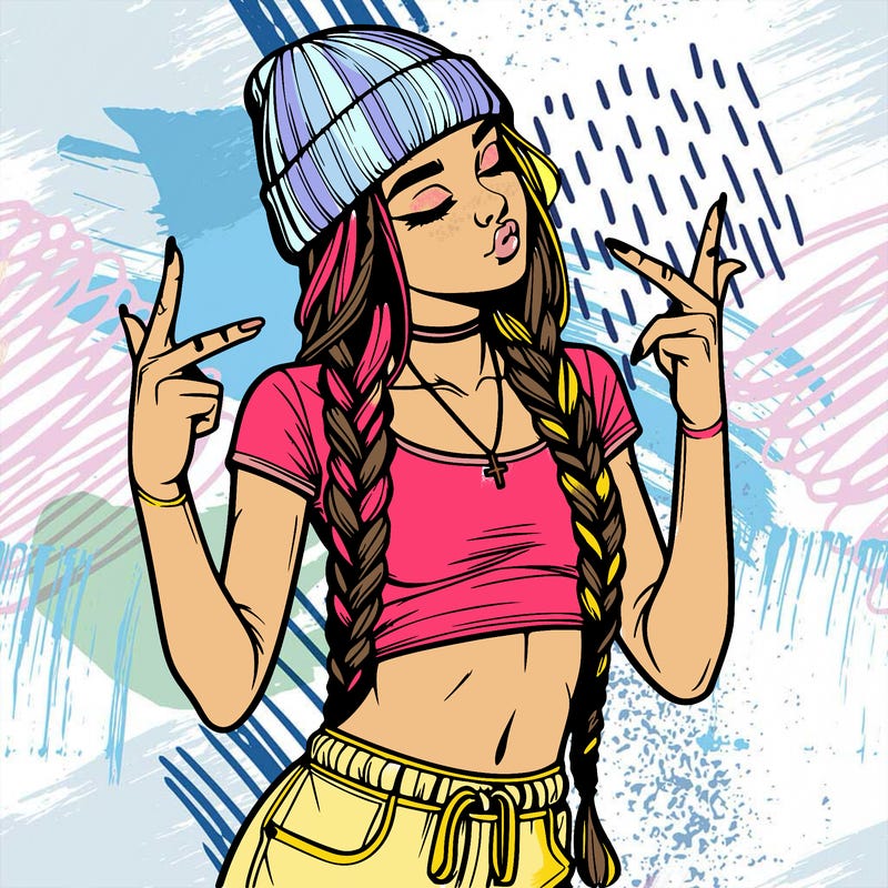 realistic teenage girl with braids and a beanie and crop top doing 🫶🏼