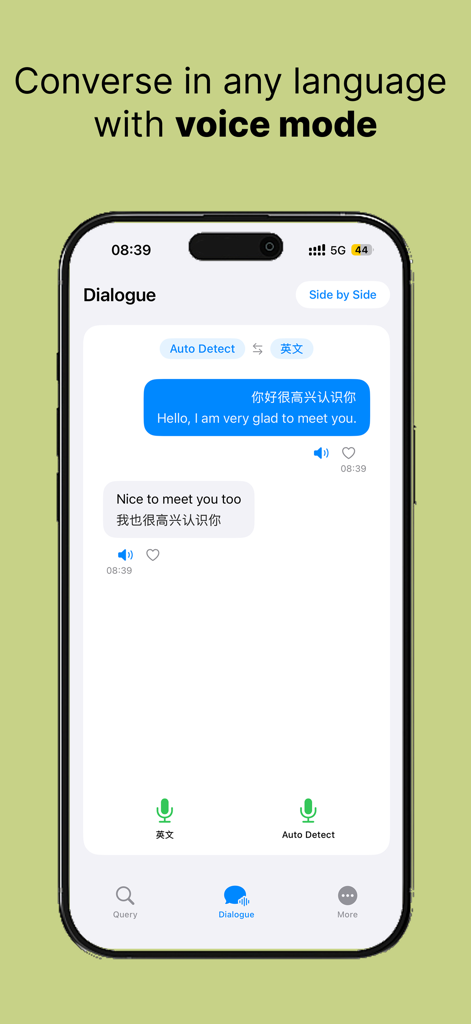 A smartphone showing the Live Translator X app interface with a real-time voice dialogue translation between English and Chinese.