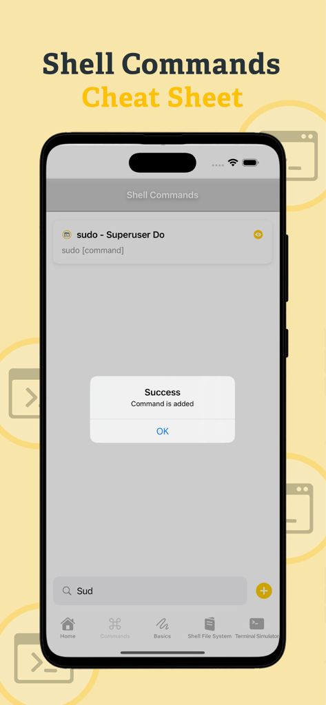 Interface de l'application Fiche de commandes Shell montrant une référence pour la commande sudo