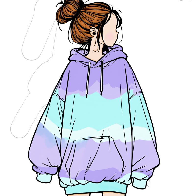 realistic girl with a oversized sweatshirt on and a bun