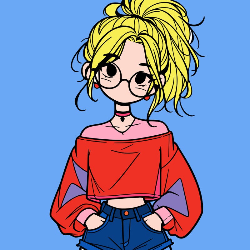 girl with a messy ponytail glasses a baggy crop top and jean shorts