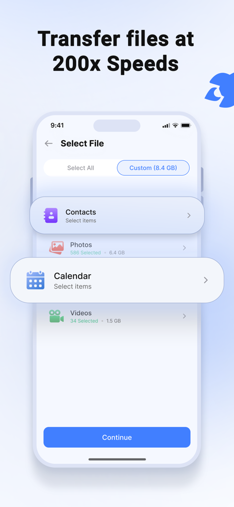Smart Switch my Phone - Ecrã de smartphone mostrando a seleção de ficheiros para transferência de dados na aplicação Smart Switch