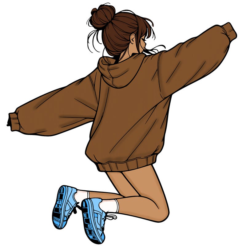realistic girl jumping with a bun and oversized sweatshirt