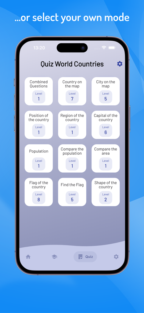 Quiz World Countries & Cities - Selection screen for various geography quiz modes like flags and capitals in Quiz World app