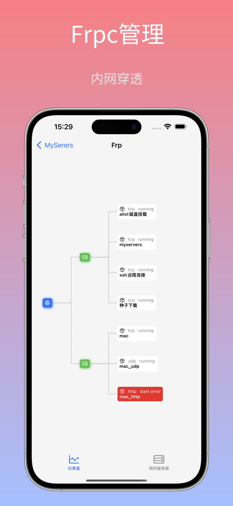MyServers-AIO management - Frp network penetration management screen showing service status nodes and topology map