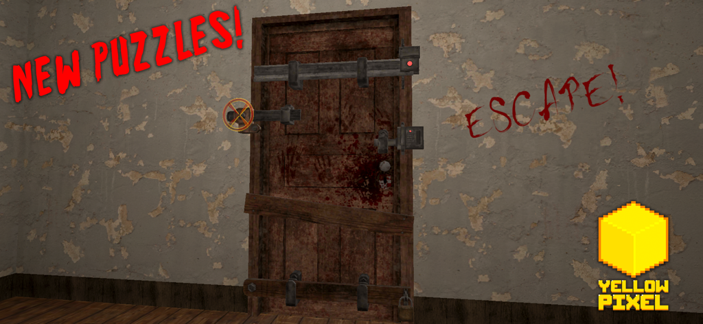 HeadHorse: Horror Game - A blood-stained wooden door reinforced with multiple locks and bars in HeadHorse horror game with text New Puzzles and Escape