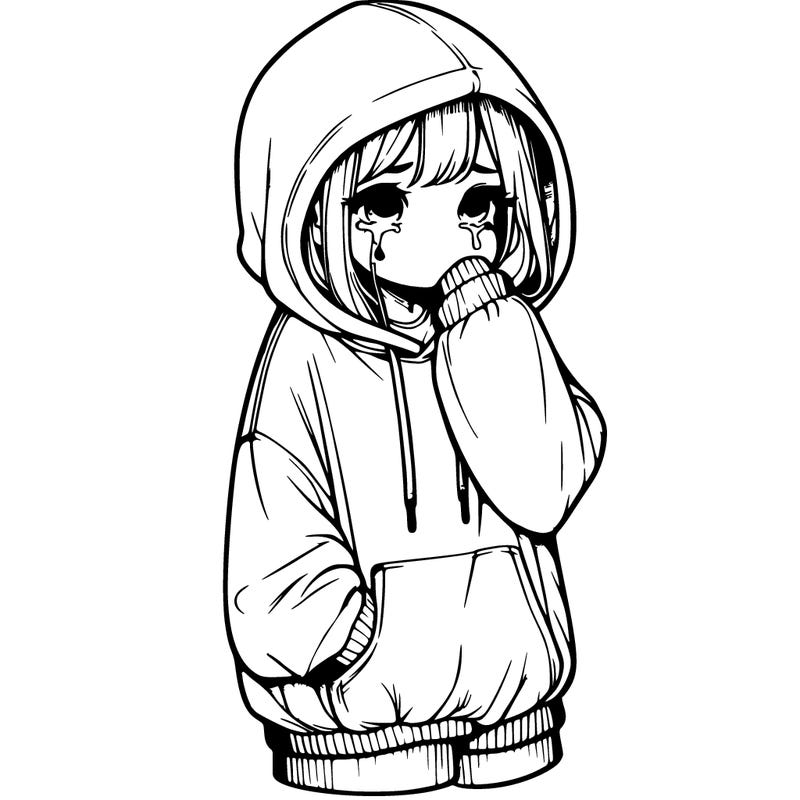 realistic girl wearing oversize hoodie and baggy clothes crying