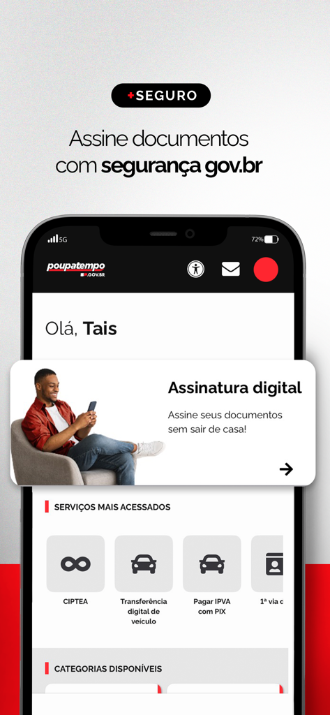 Un écran de smartphone affichant l'application Poupatempo SP.GOV.BR avec la fonction de signature numérique et des liens vers des services publics tels que les taxes automobiles et les transferts.