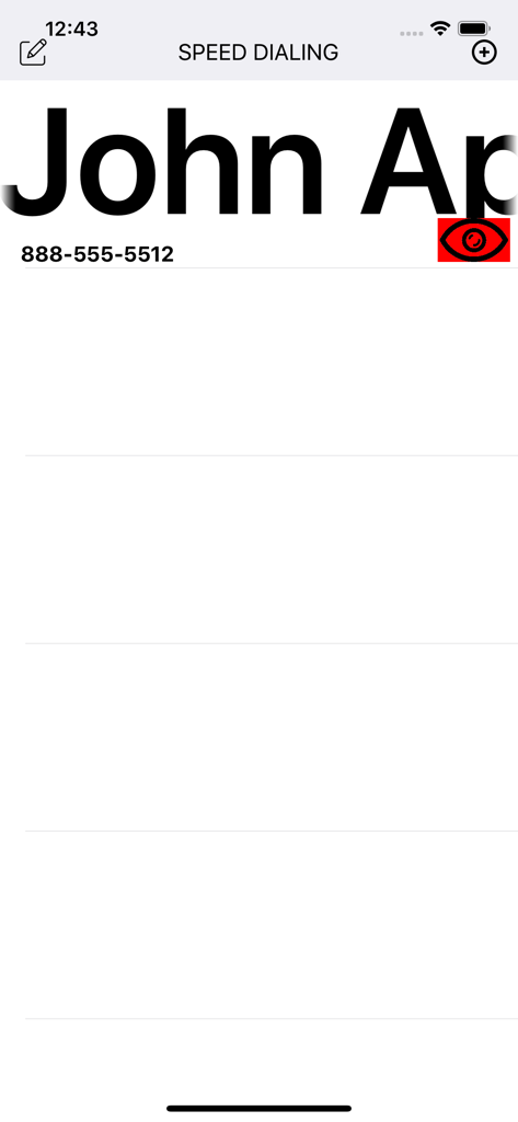 Interfaz de la aplicación Marcación Rápida que muestra un nombre de contacto y un número de teléfono en una fuente grande y clara.