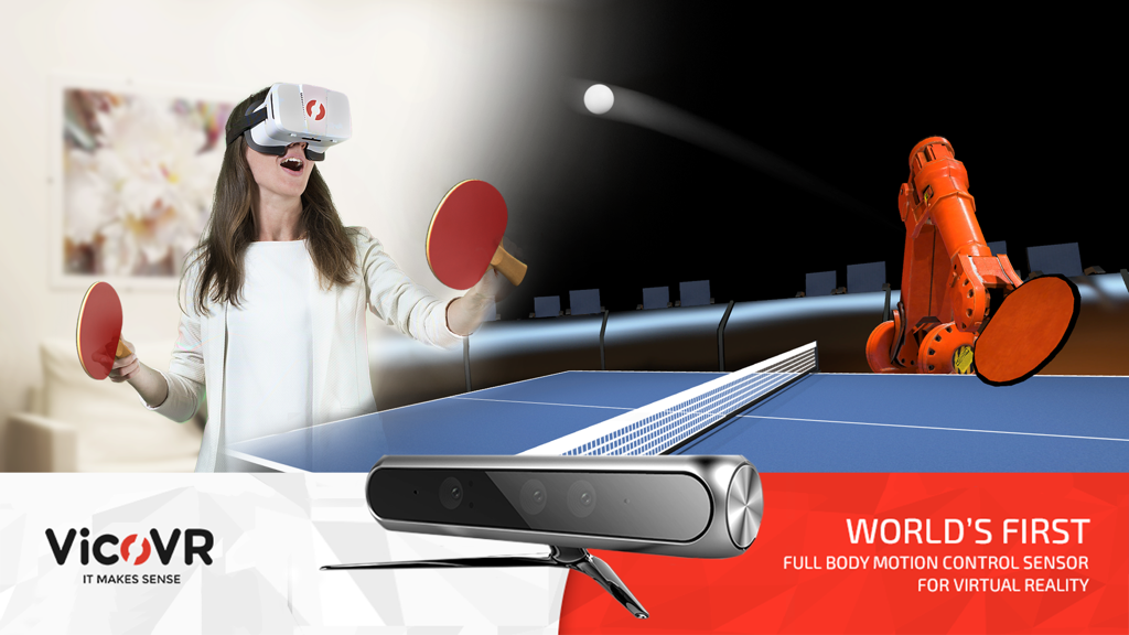 A woman playing Ping Pong VR using a VicoVR full body motion control sensor