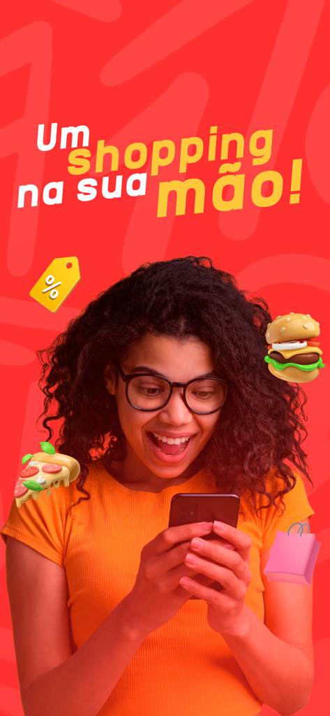 Pede.ai - Delivery - 幸せそうな女性が、赤い背景に浮かぶ食べ物と買い物のアイコンが付いたスマートフォンを見ている