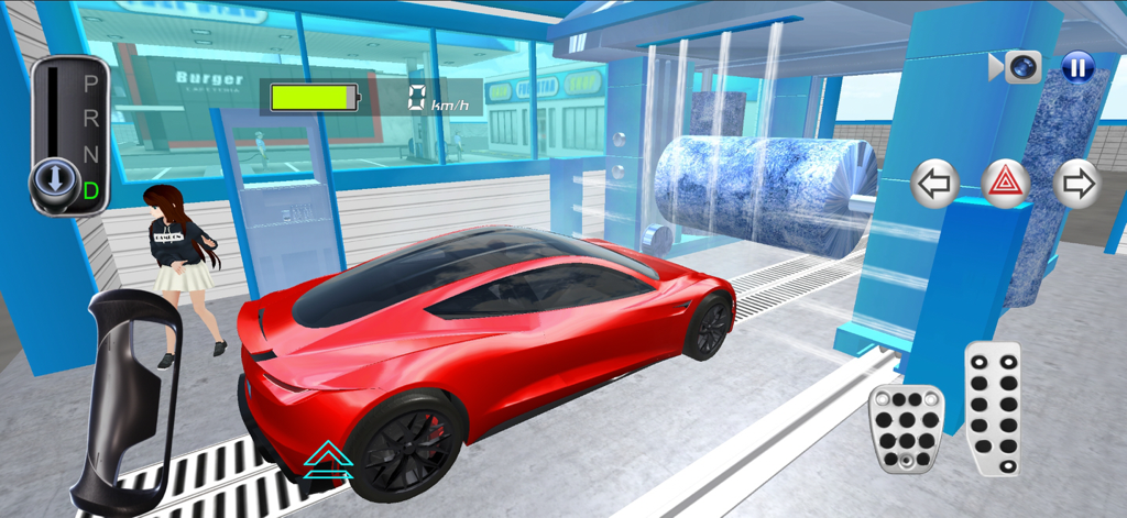 A red sports car inside an automatic car wash in the 3D Driving Class simulation game