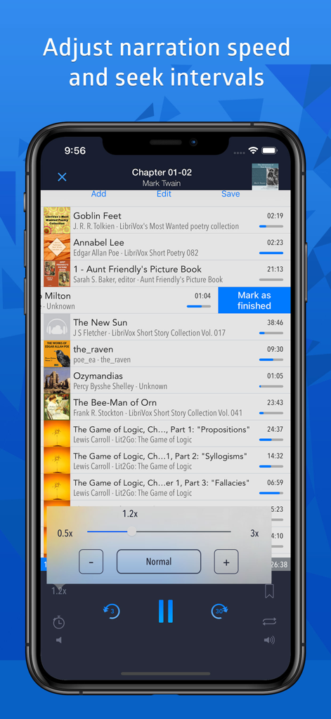 CloudBeats: audio book player - CloudBeats app interface showing narration speed adjustment slider and audiobook playback list.