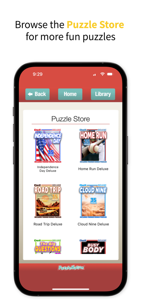Penny Dell Daily Crossword - Penny Dell Daily Crossword app store interface displaying various themed deluxe puzzle sets like Independence Day and Road Trip