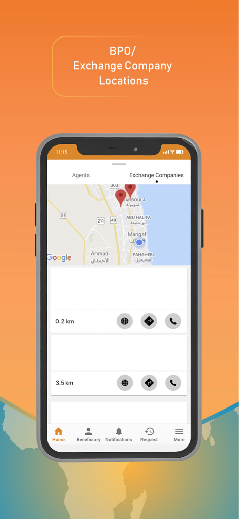 Sampath Bank Remitwise - Sampath Bank Remitwise app screen showing a map with nearby exchange company and BPO locations