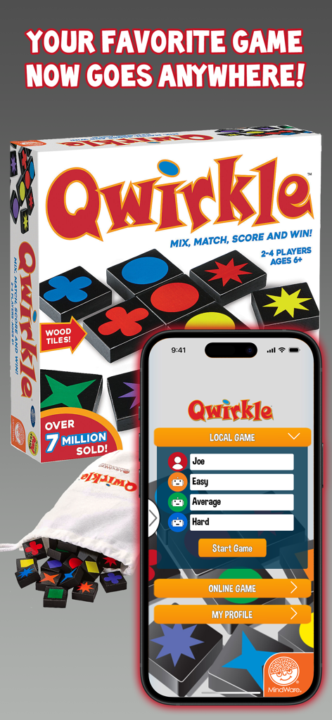 Qwirkle - The Qwirkle board game box next to a smartphone displaying the mobile app game menu