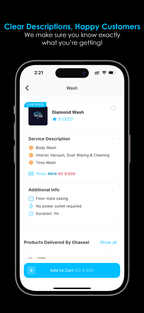Ghaseel Car Wash - غسيل سيارات - Screen from the Ghaseel app showing a detailed car wash service description with pricing and duration
