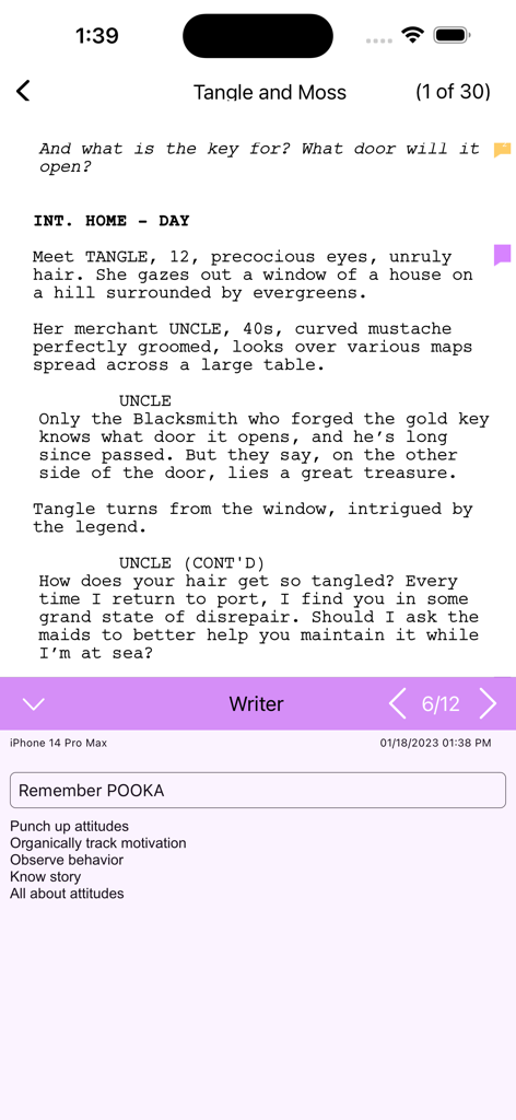 A screenplay interface in the Final Draft Go app showing professional script formatting and notes on an iPhone