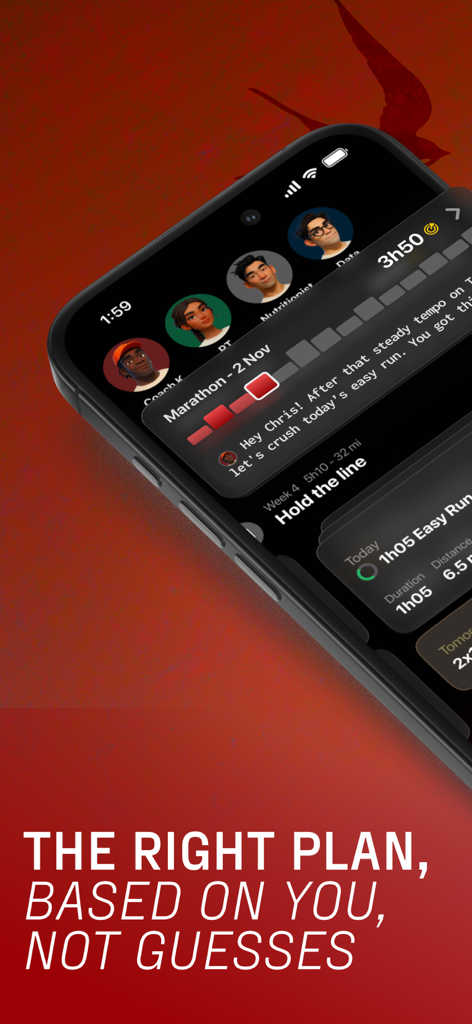 Mobile screen showing Kotcha app with personalized running plans and AI coaching avatars