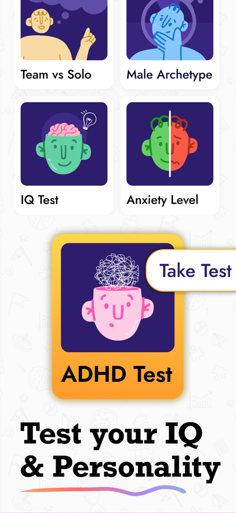 IQ Masters app interface showing various diagnostic options like IQ ADHD and personality tests