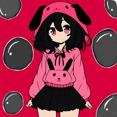 pretty anime girl wearing a fluffy hoodie with bunny ears on the hood and a skirt