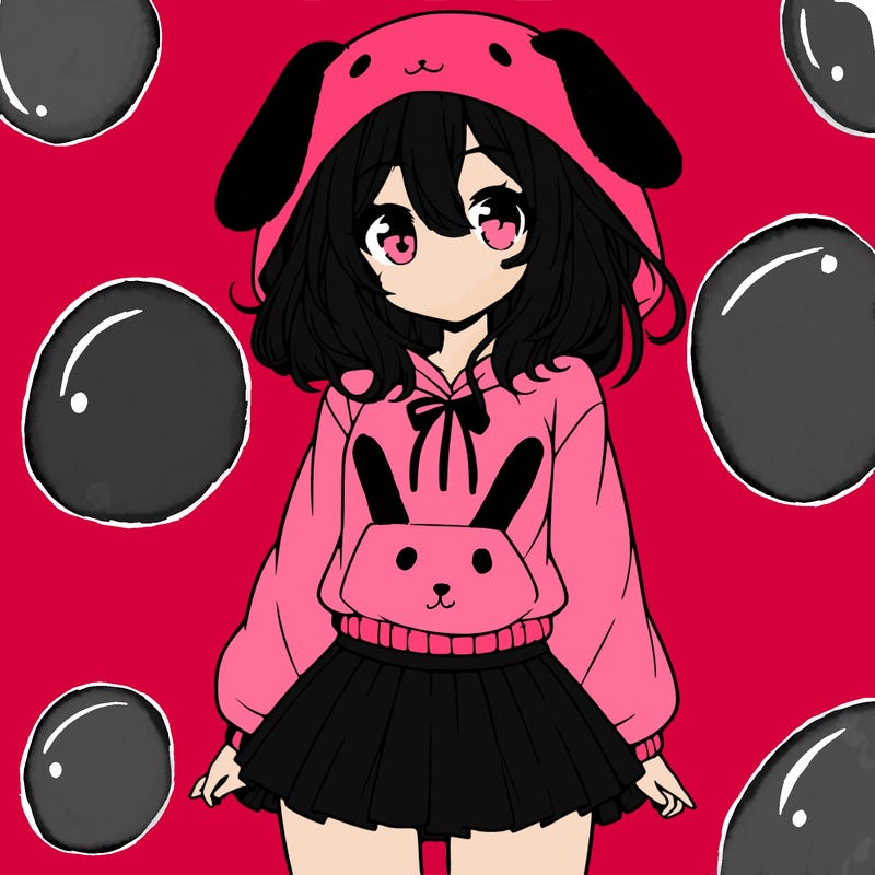 pretty anime girl wearing a fluffy hoodie with bunny ears on the hood and a skirt