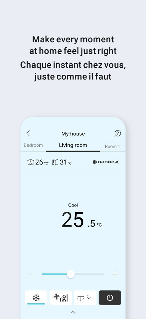 Panasonic Comfort Cloud - Panasonic Comfort Cloud app interface showing living room temperature settings and cooling controls on an iPhone screen